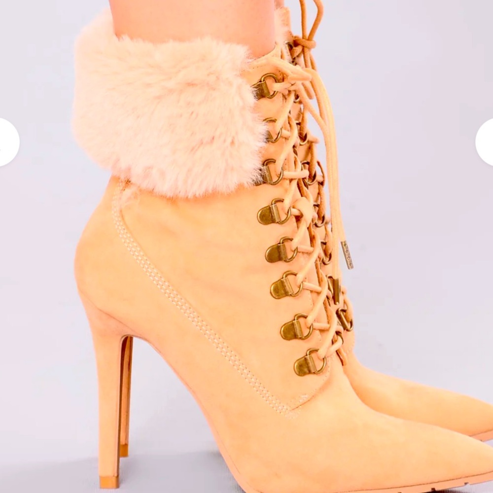 New Charlotte Russe Faux Suede Corset Lace Up Faux Fur Trim Stiletto Boot - Picture 7 of 14